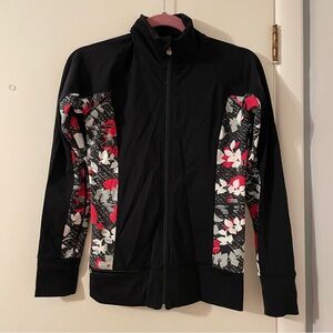 NWOT Matrix Fitted Black Yoga Zip Up with Red and White Floral Design